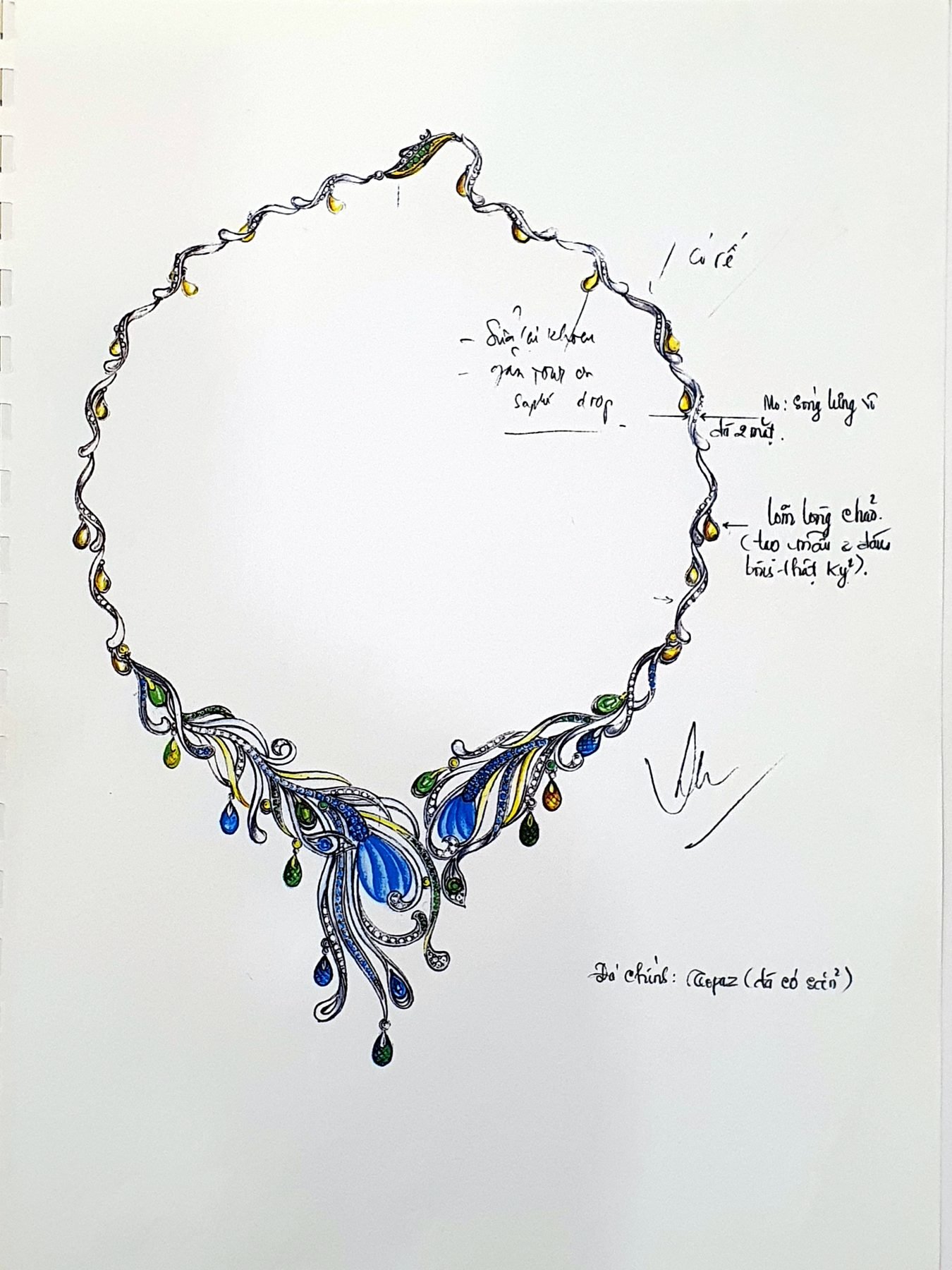 Bản vẽ màu một chiếc dây cổ dáng lông vũ, đá chính topaz xanh, đính sapphire và đá màu